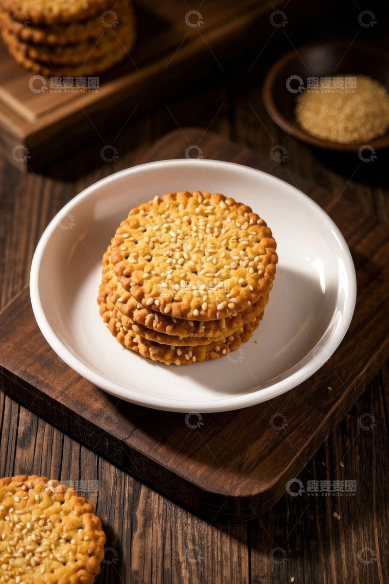 高清大图下载【趣麦麦图】木桌上白盘内的芝麻饼干