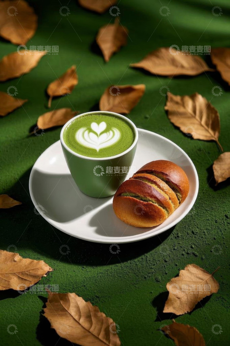 高清大图下载【趣麦麦图】绿色抹茶拿铁搭配面包