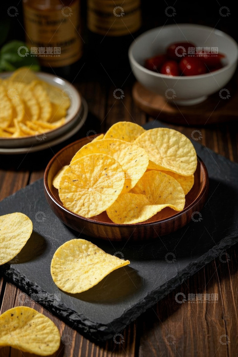 高清大图下载【趣麦麦图】木桌上摆放的美味薯片