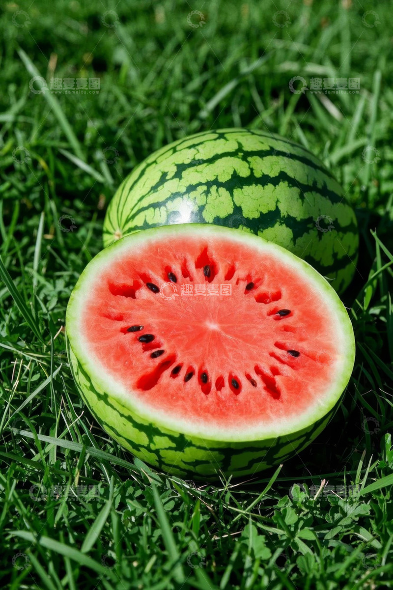 高清大图下载【趣麦麦图】草地上切开的新鲜西瓜