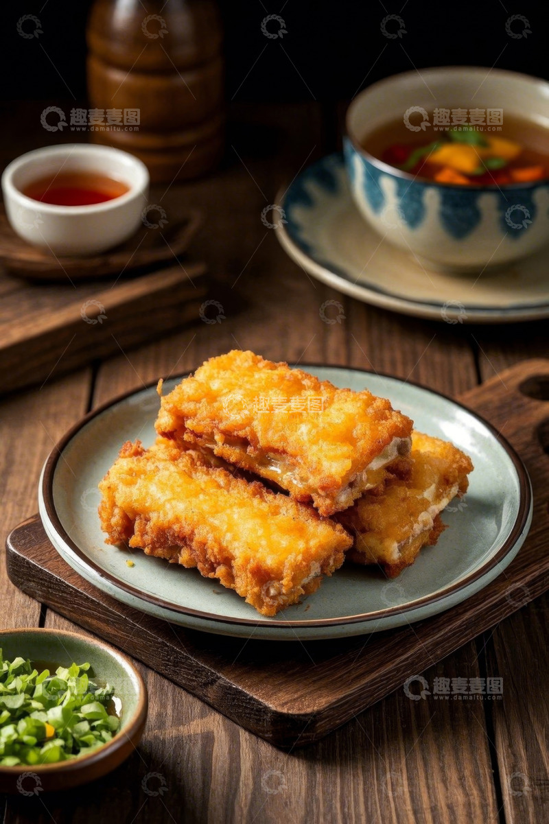 高清大图下载【趣麦麦图】木桌上的油炸美食与汤品