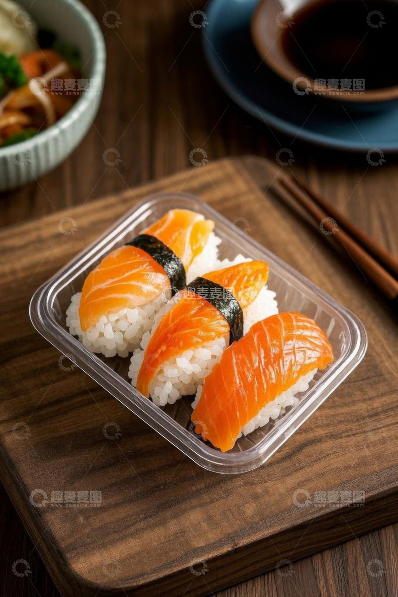 高清大图下载【趣麦麦图】塑料盒中三文鱼寿司