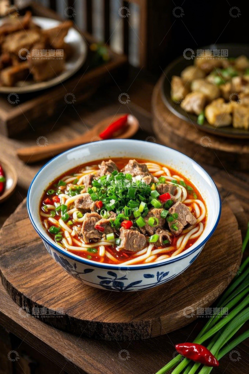 高清大图下载【趣麦麦图】传统青花瓷碗装牛肉粉