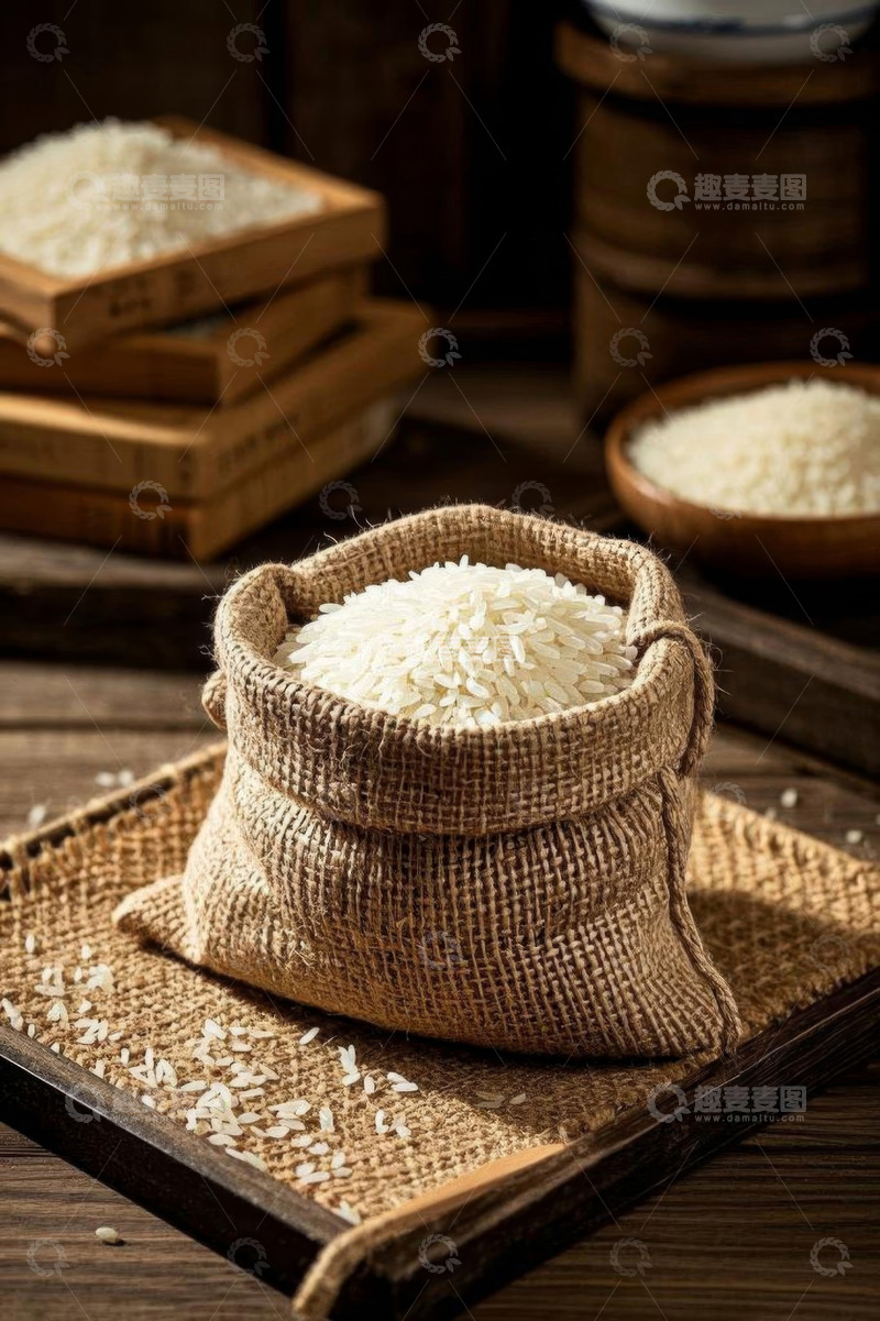 高清大图下载【趣麦麦图】麻袋中的白米及周边摆放物