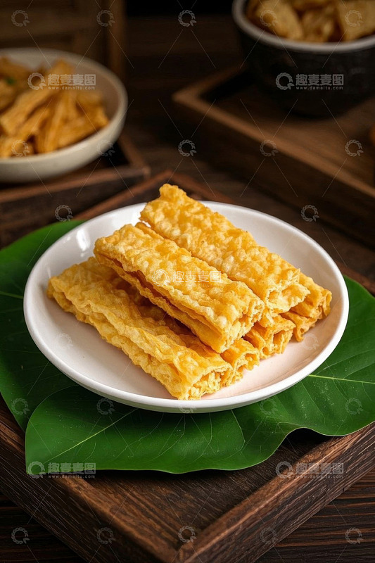 木盘绿叶上的油炸腐竹美食
