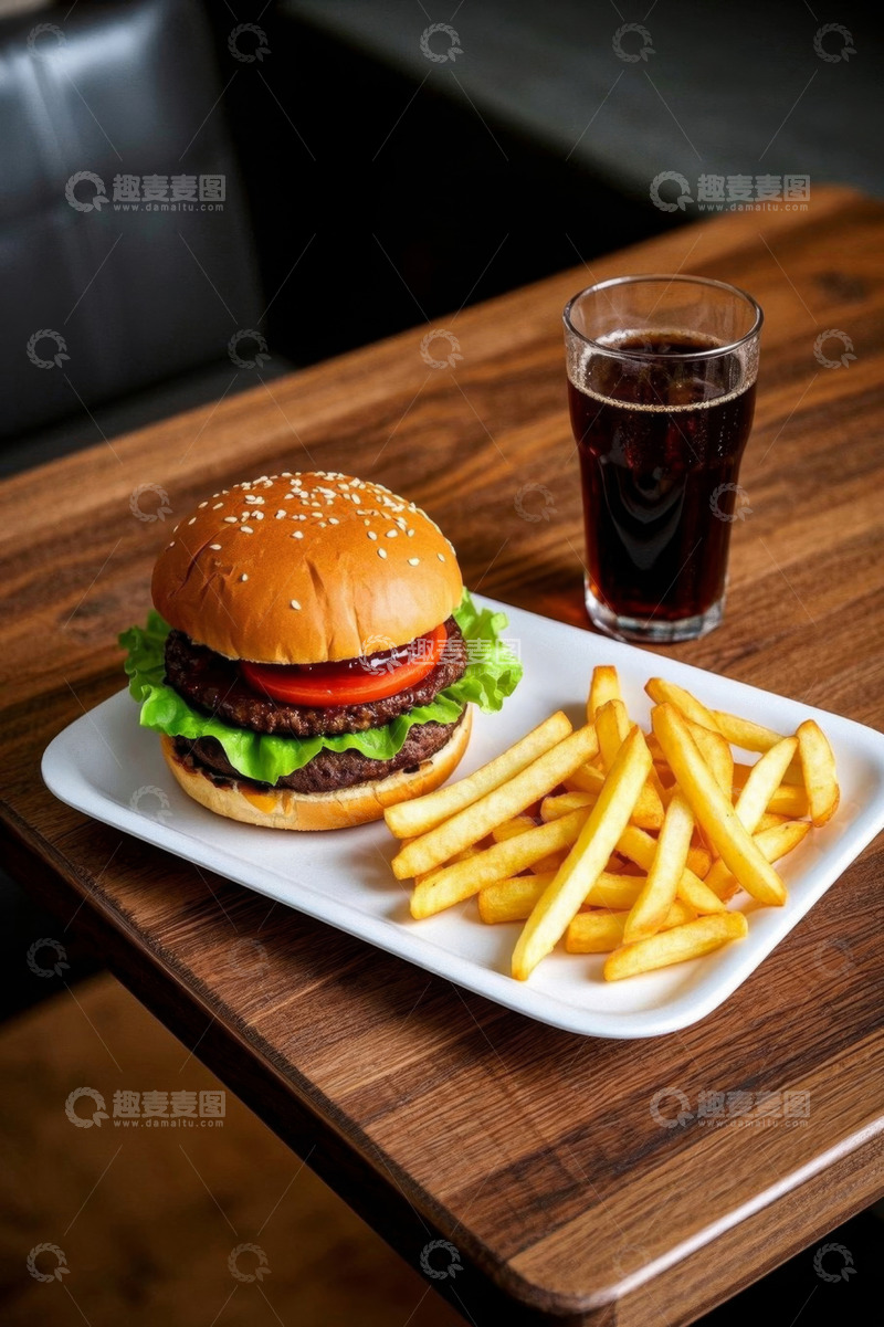 高清大图下载【趣麦麦图】桌上的汉堡薯条与可乐