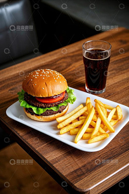 桌上的汉堡薯条与可乐