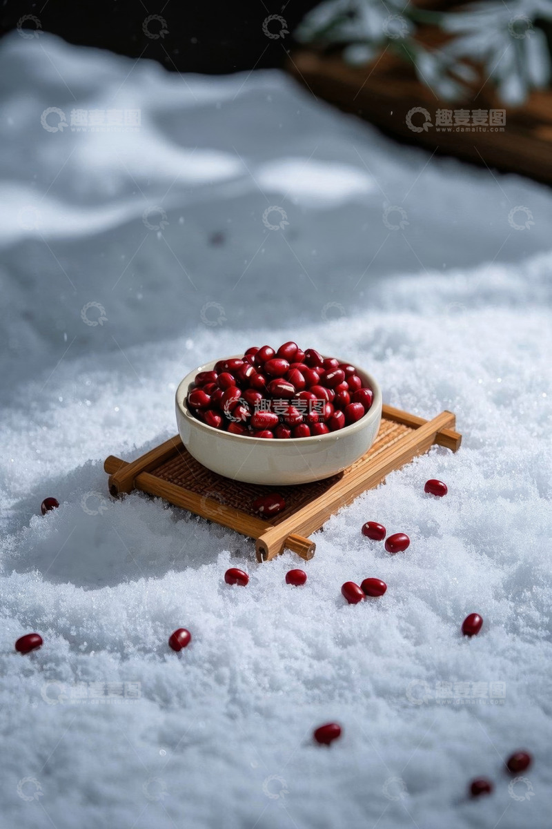 高清大图下载【趣麦麦图】雪地中碗装红豆特写