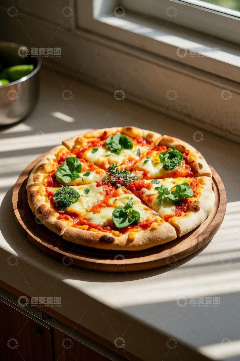高清大图下载【趣麦麦图】窗边木盘上的美味蔬菜披萨