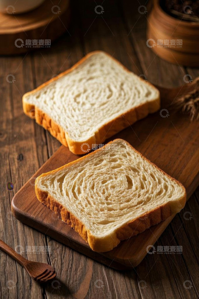 高清大图下载【趣麦麦图】木制砧板上的两片切片面包