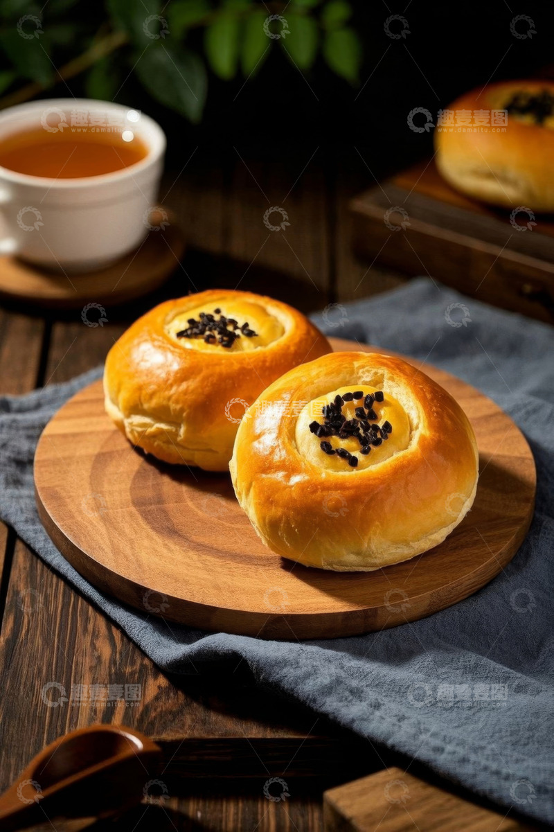 高清大图下载【趣麦麦图】木盘上摆放的美味面包与茶