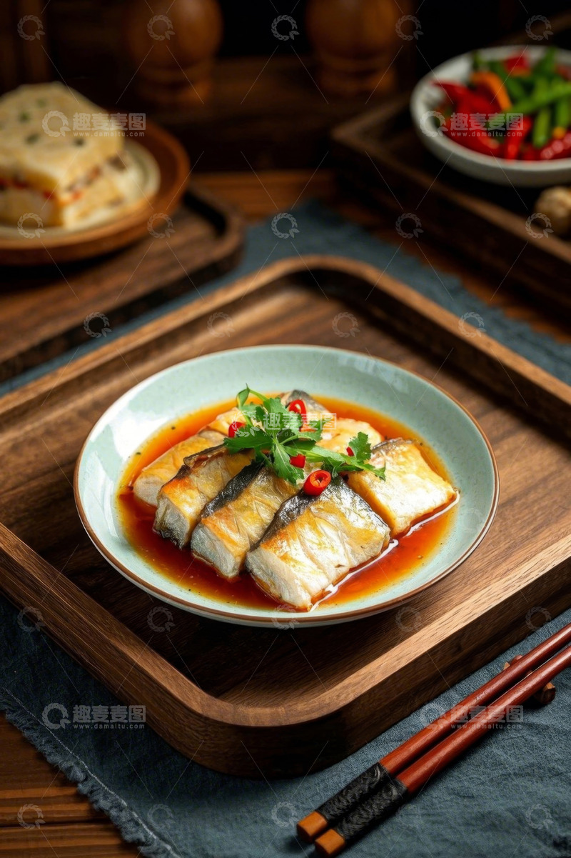 高清大图下载【趣麦麦图】中式摆盘的红烧鱼片美食