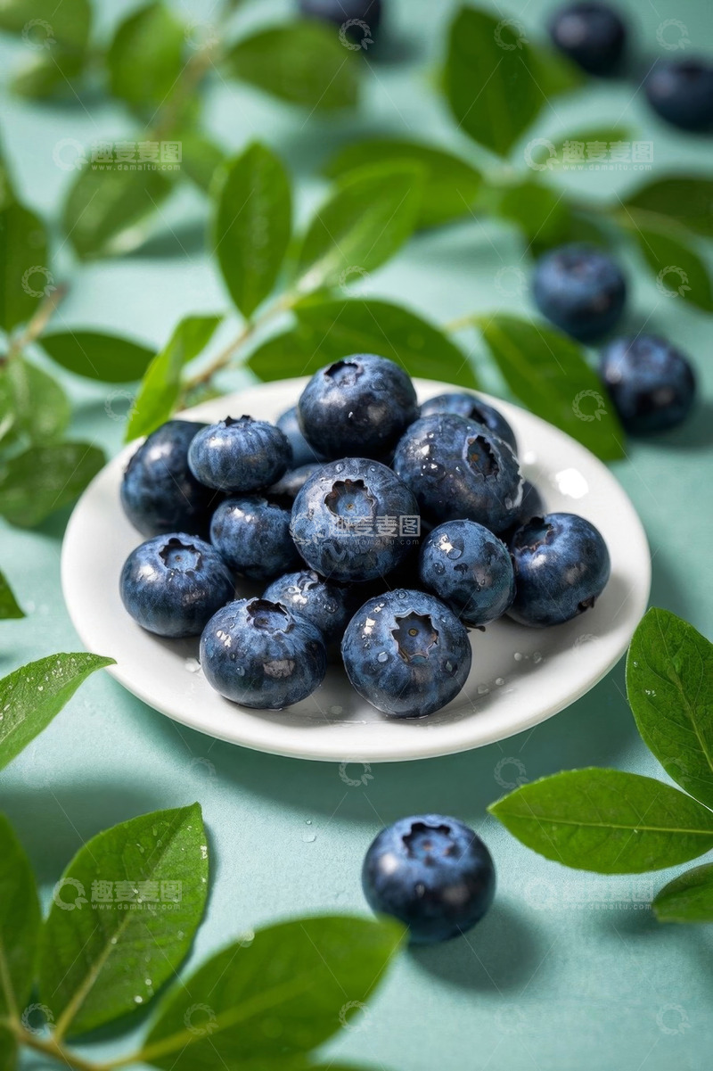 高清大图下载【趣麦麦图】盘中新鲜蓝莓与绿叶