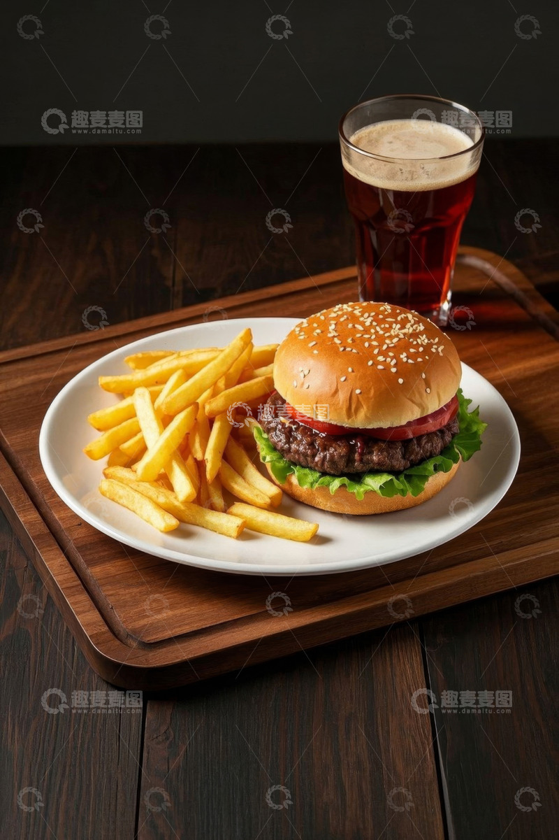 高清大图下载【趣麦麦图】汉堡薯条搭配饮品特写
