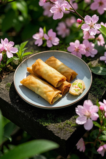 户外桃花旁的春卷美食