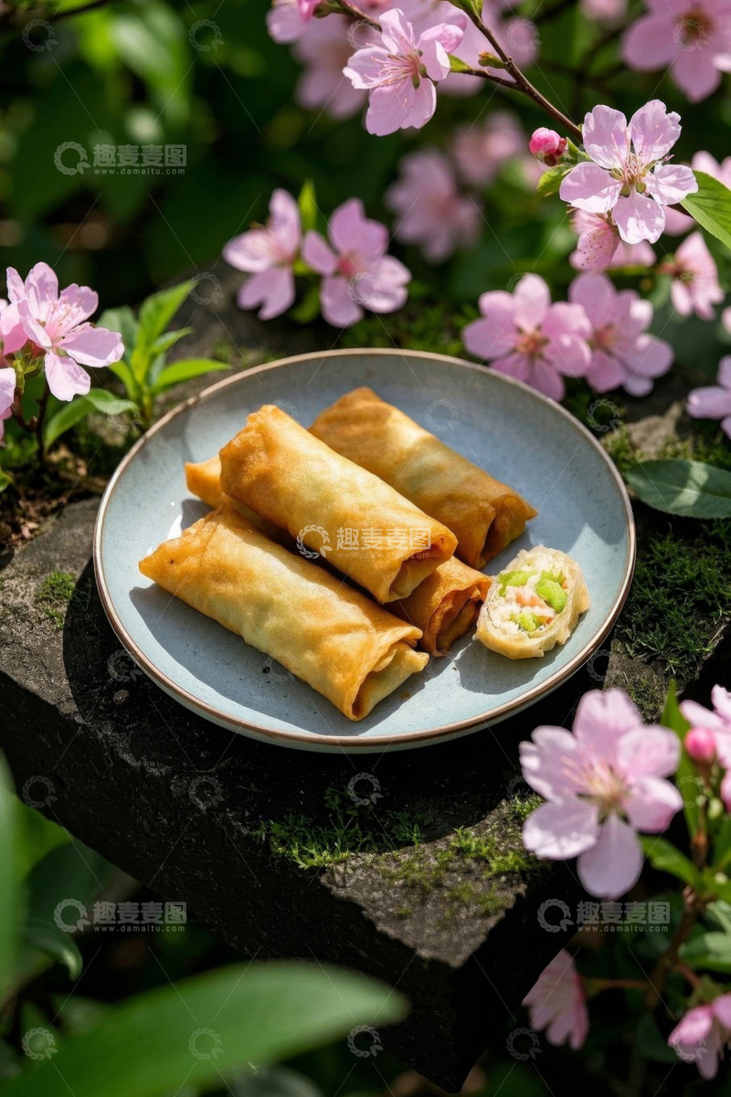 高清大图下载【趣麦麦图】-户外桃花旁的春卷美食