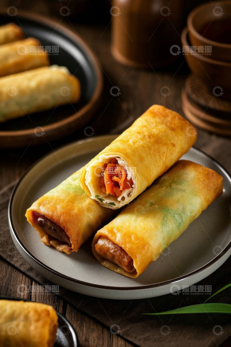高清大图下载【趣麦麦图】餐桌上摆放的美味春卷