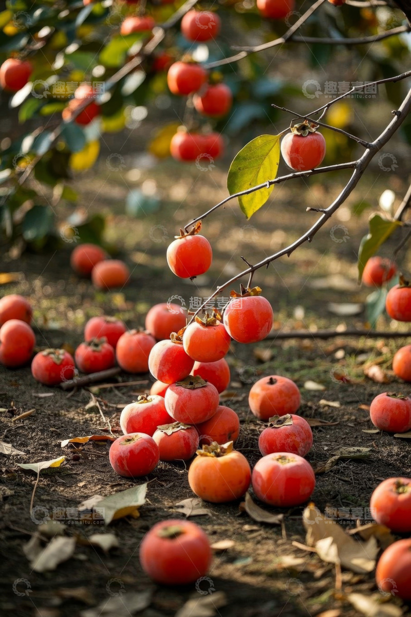 高清大图下载【趣麦麦图】枝头与地面的成熟柿子