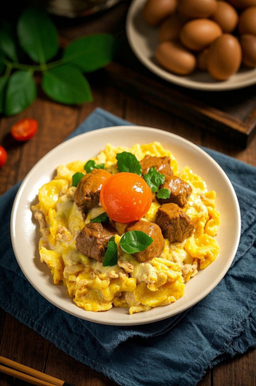 木桌摆盘的肉丸炒蛋美食