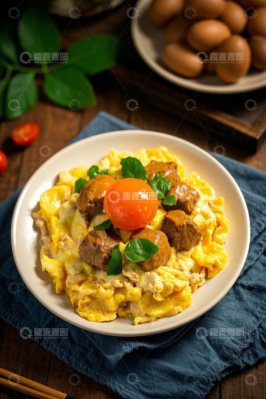 木桌摆盘的肉丸炒蛋美食