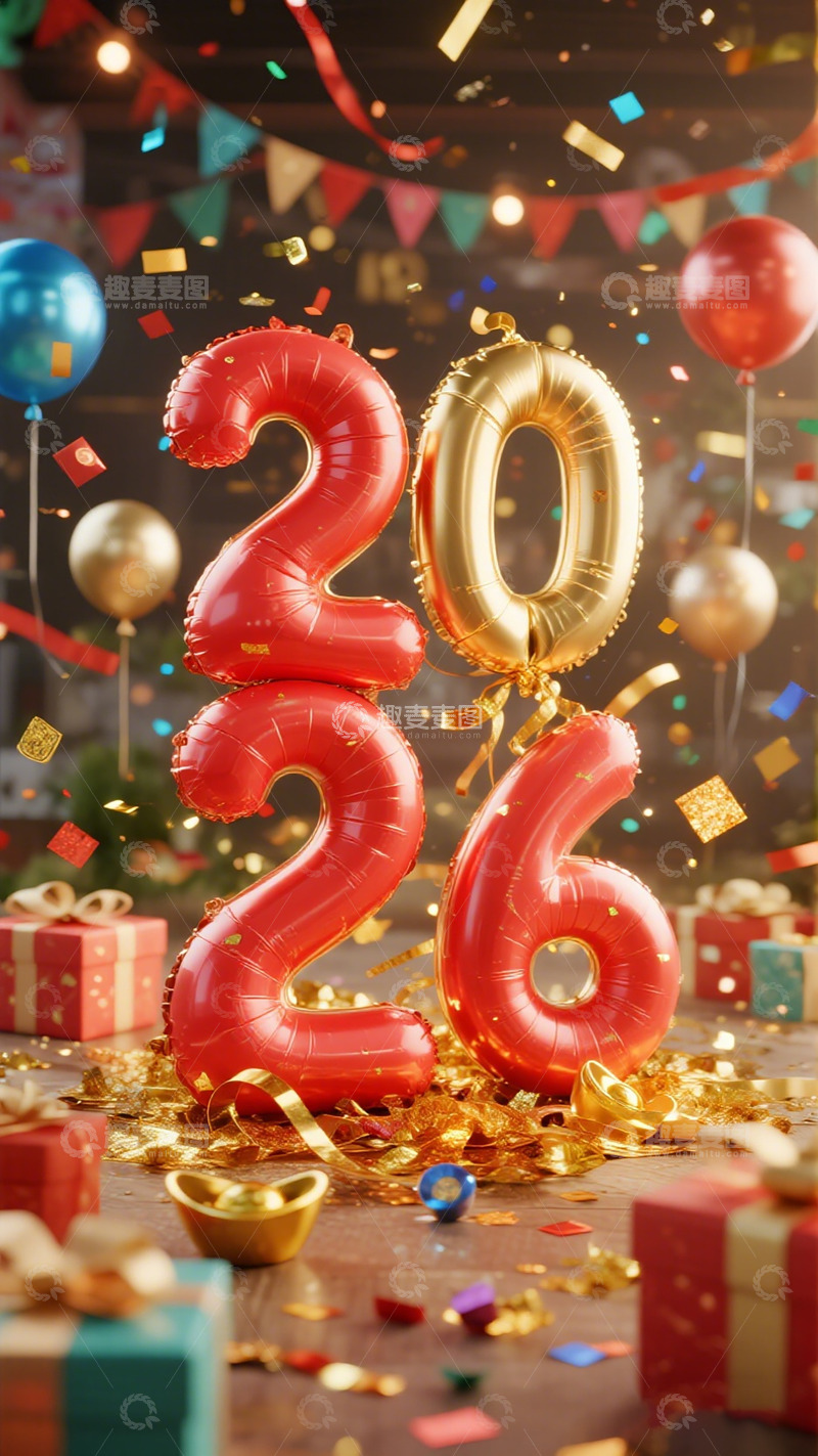 高清大图下载【趣麦麦图】新年欢庆气球礼盒彩带场景