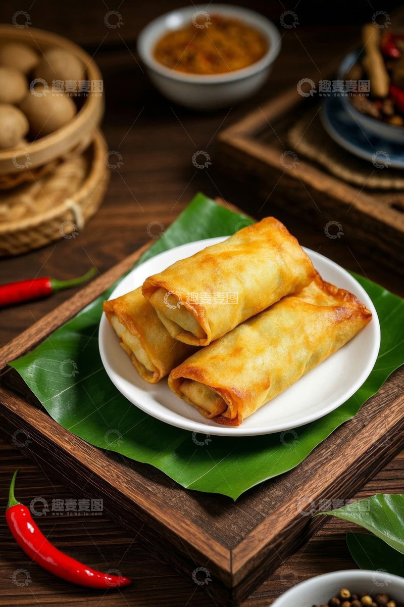 高清大图下载【趣麦麦图】木盘上的油炸春卷美食