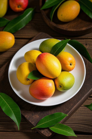 木桌上白盘盛放新鲜芒果