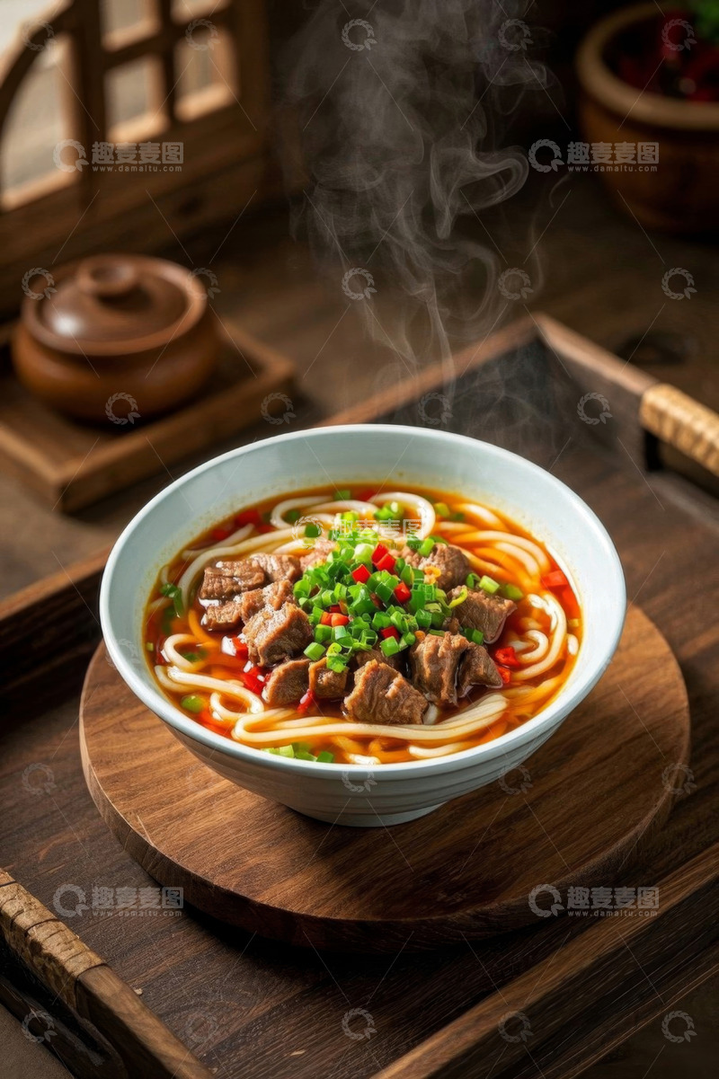 高清大图下载【趣麦麦图】中式木托盘上的牛肉米粉