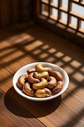 木桌上白盘内的腰果特写