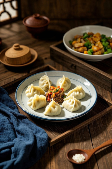 中式餐桌上的美味饺子摆盘