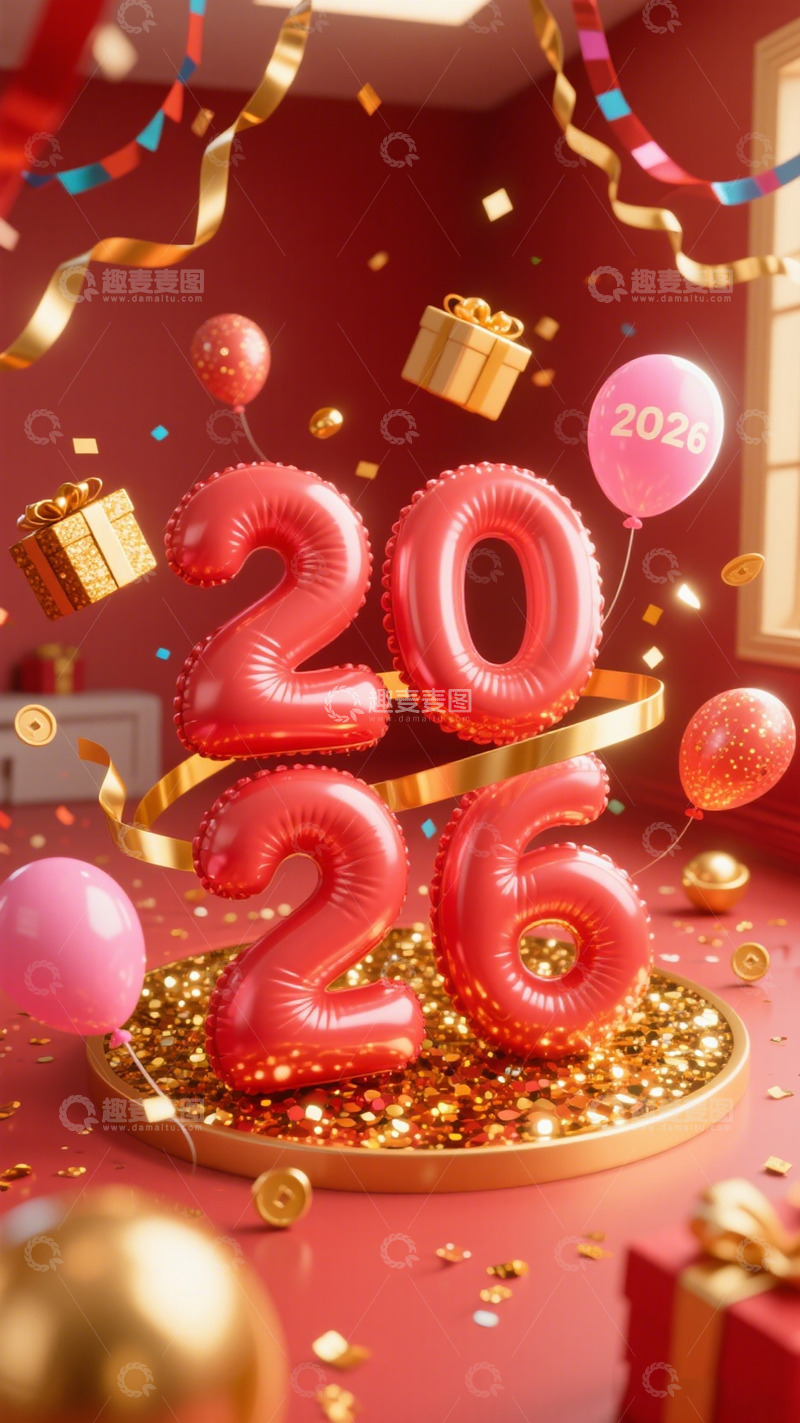 高清大图下载【趣麦麦图】喜庆新年2026气球礼盒装饰设计