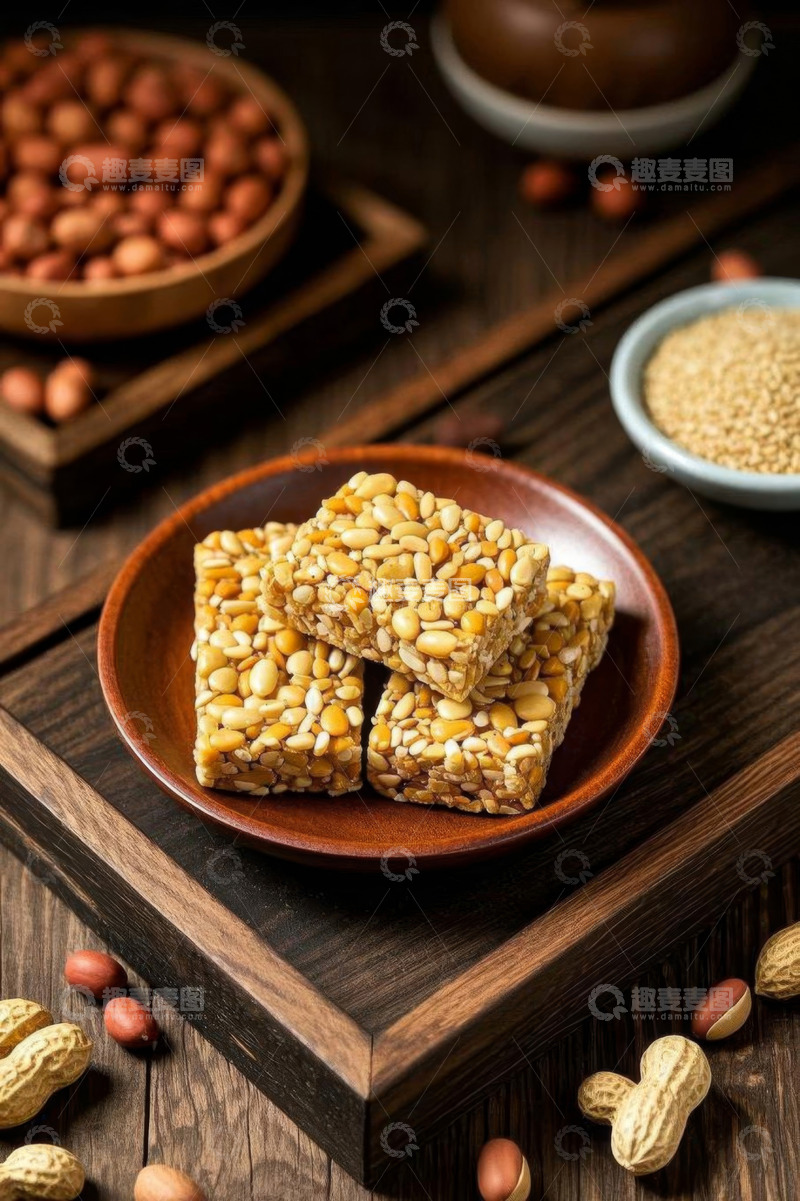 高清大图下载【趣麦麦图】木盘上的花生芝麻坚果糖
