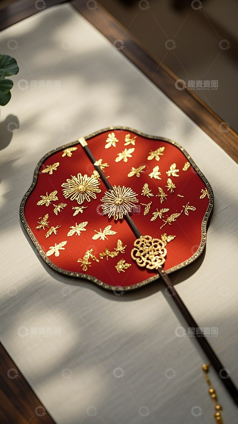 高清大图下载【趣麦麦图】精美红色团扇传统工艺品