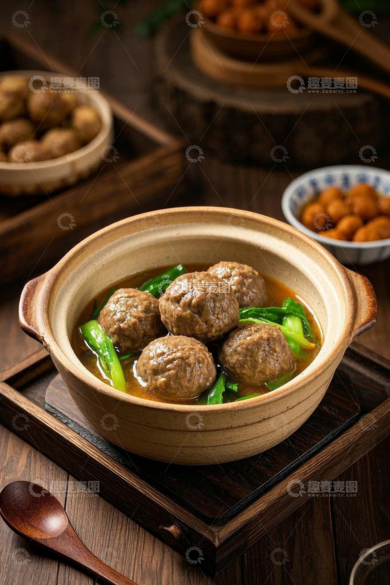 高清大图下载【趣麦麦图】砂锅中的肉丸青菜美食