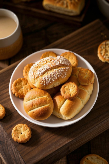 木桌上的面包与饼干素材