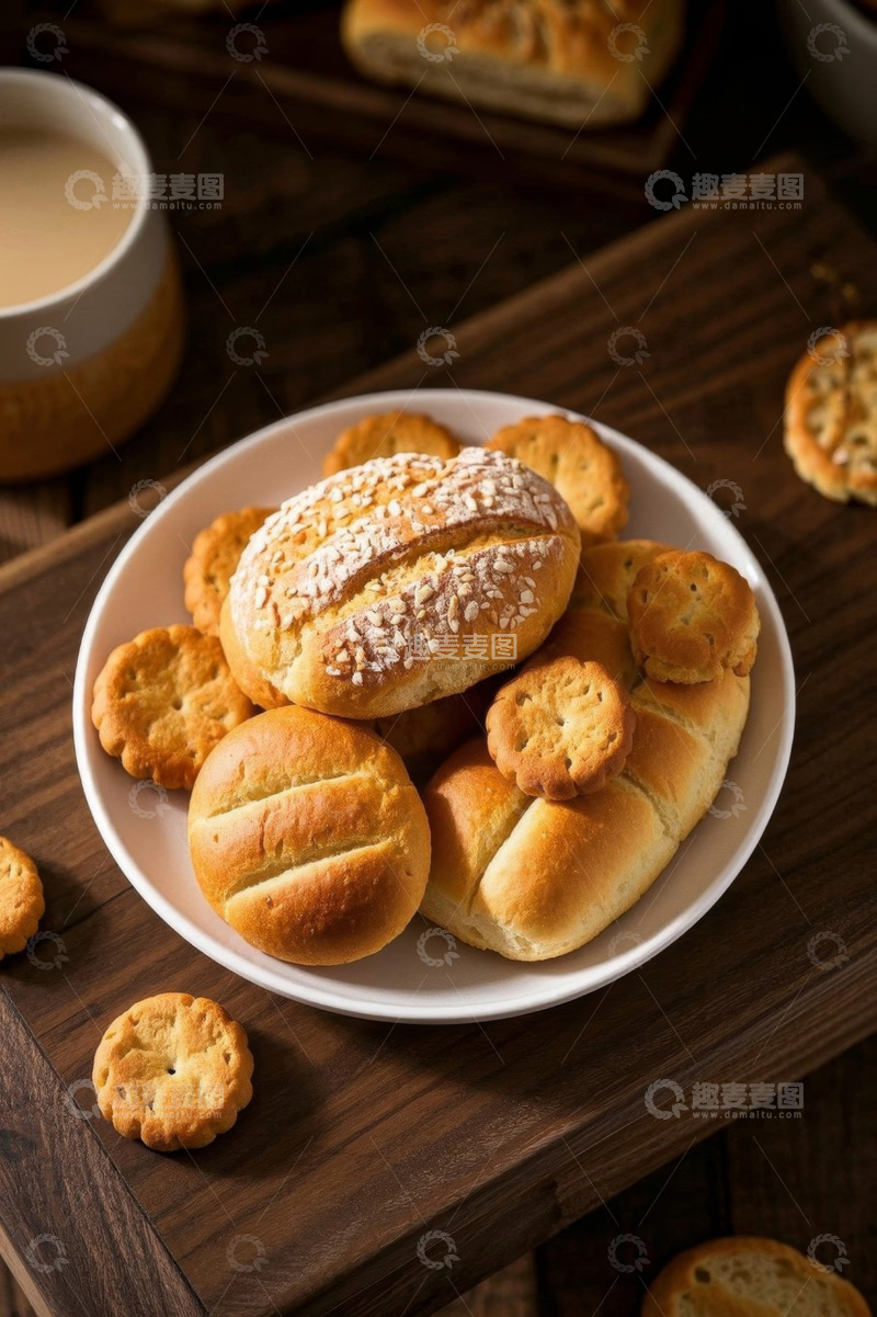 高清大图下载【趣麦麦图】木桌上的面包与饼干素材