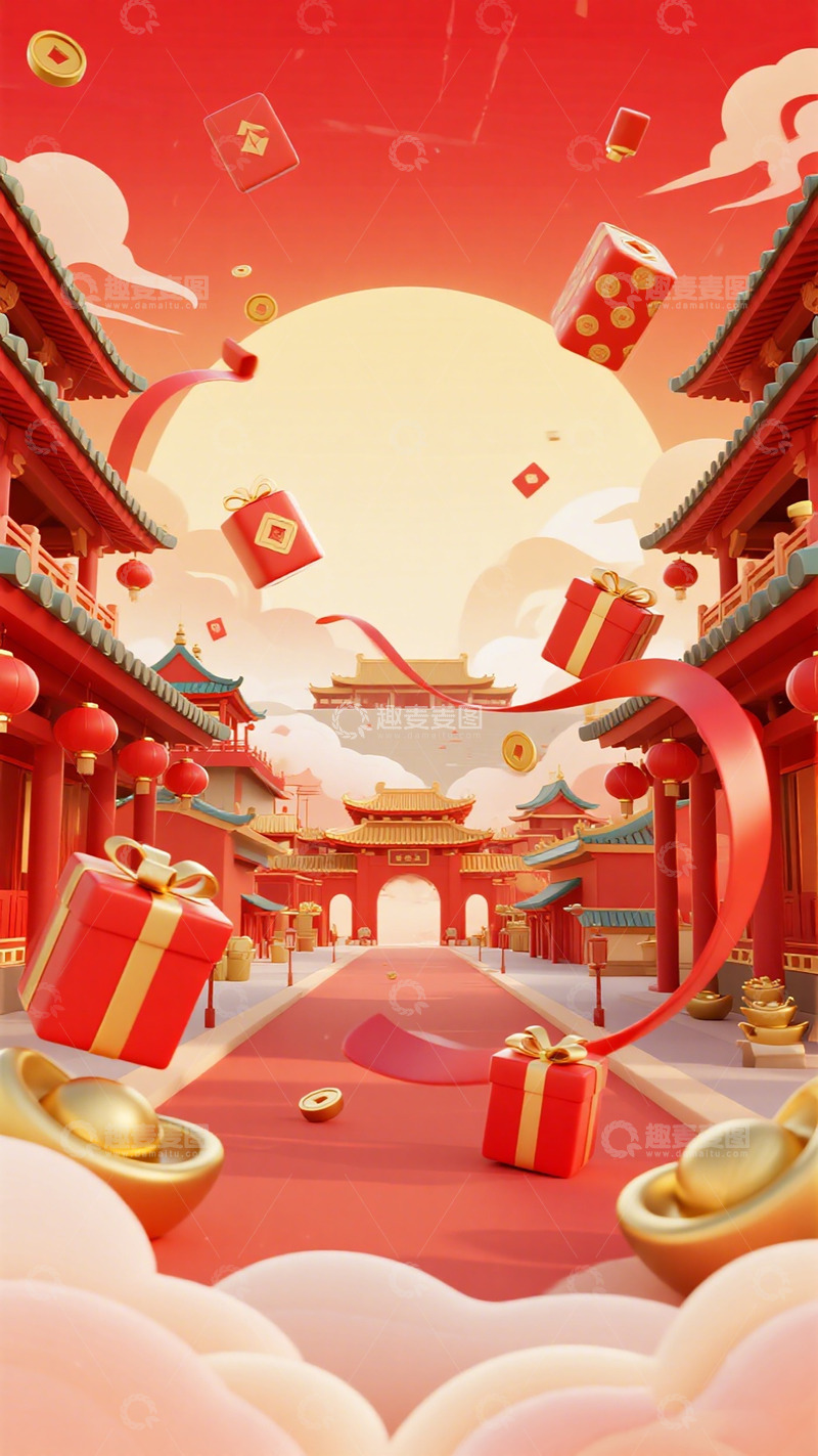 高清大图下载【趣麦麦图】喜庆春节礼物场景插画