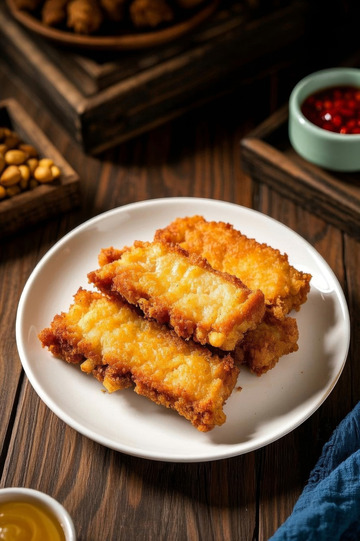 木桌上的油炸美食