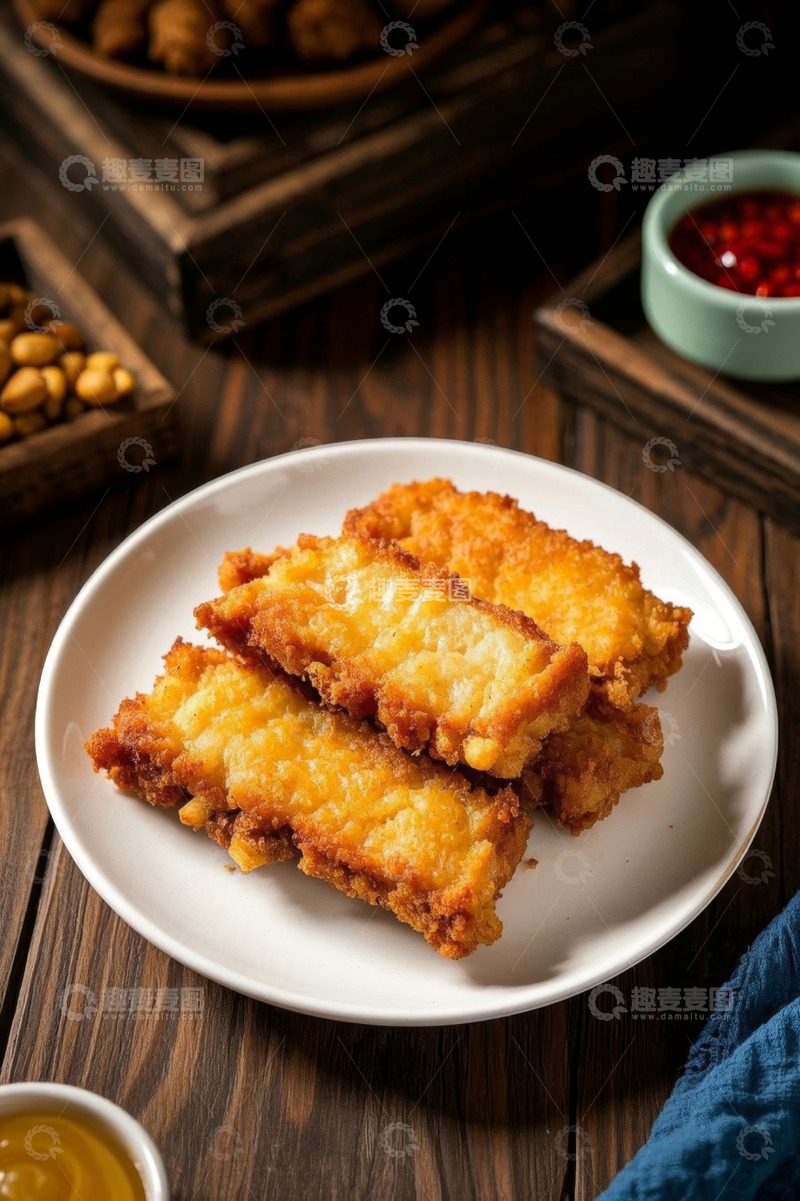高清大图下载【趣麦麦图】木桌上的油炸美食