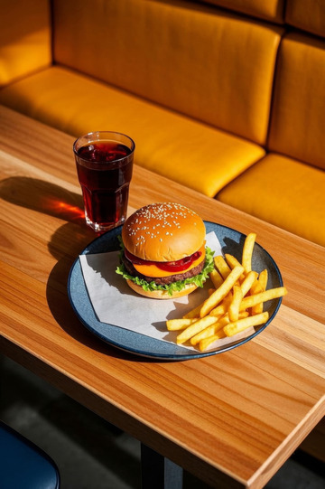 餐厅桌上的汉堡薯条与饮料