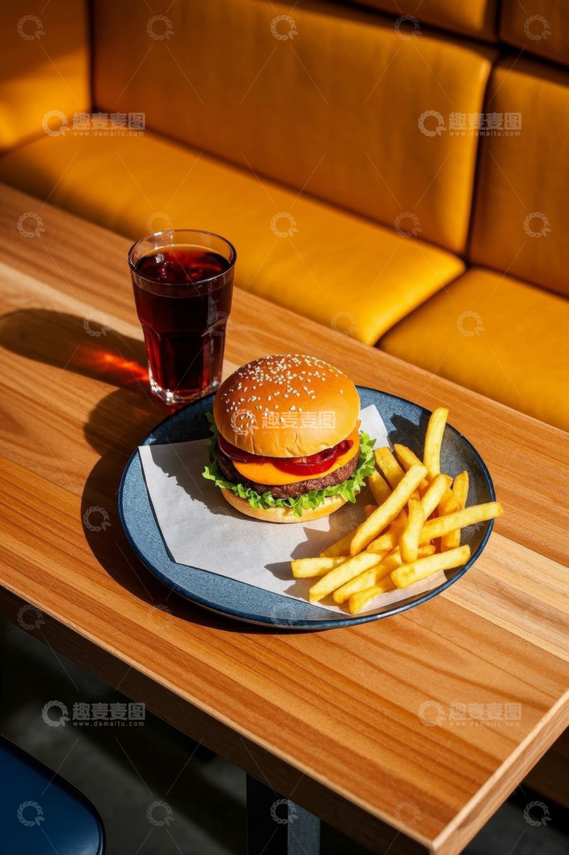 高清大图下载【趣麦麦图】-餐厅桌上的汉堡薯条与饮料