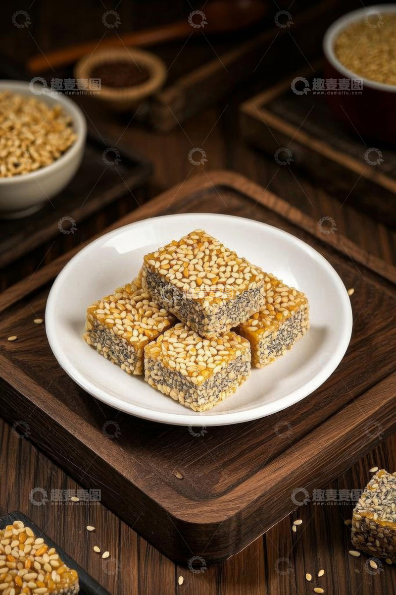 高清大图下载【趣麦麦图】木盘上摆放的芝麻糕点