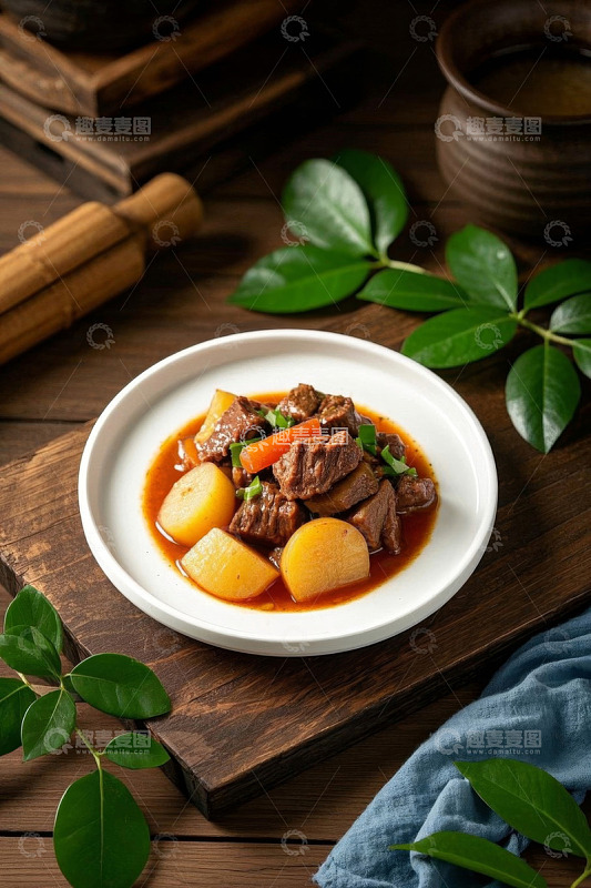 木桌上的牛肉炖土豆美食