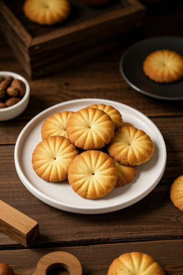 木桌上摆放的美味曲奇饼干