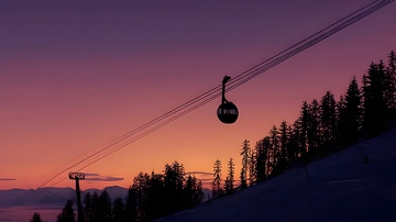 雪坡缆车晚霞美景