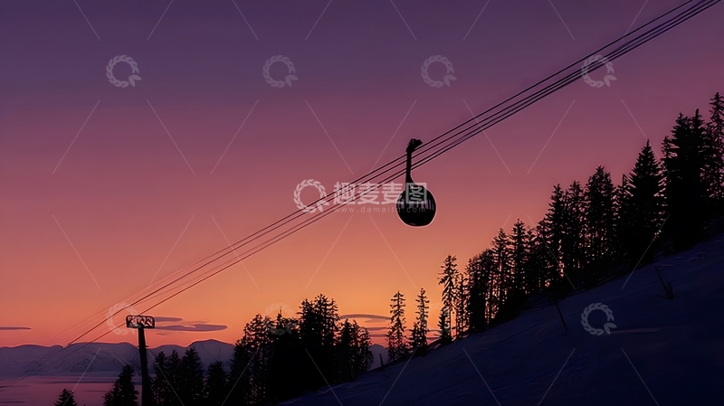 高清大图下载【趣麦麦图】雪坡缆车晚霞美景