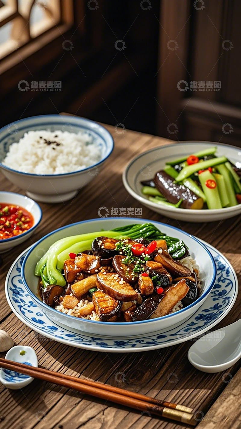 高清大图下载【趣麦麦图】中式美食香菇炒菜盖饭