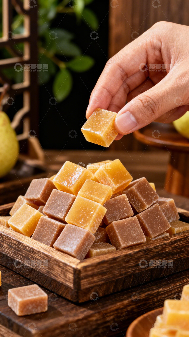 高清大图下载【趣麦麦图】木制托盘上的黄色方块糖