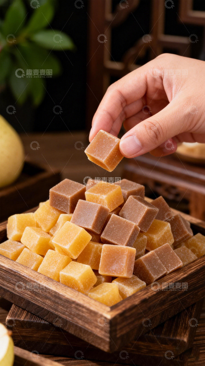 高清大图下载【趣麦麦图】传统木制托盘上的黄色果冻糖