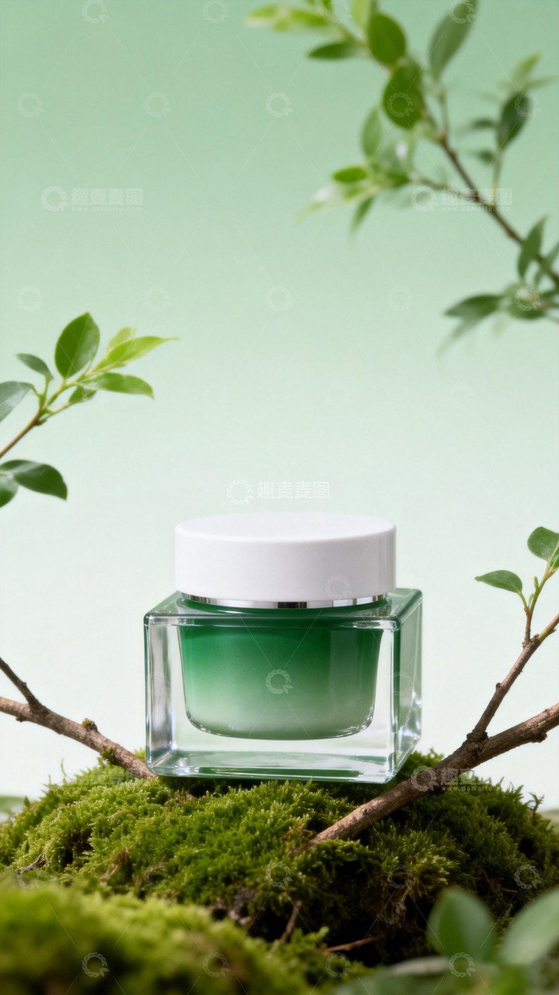 高清大图下载【趣麦麦图】绿色护肤霜自然背景展示